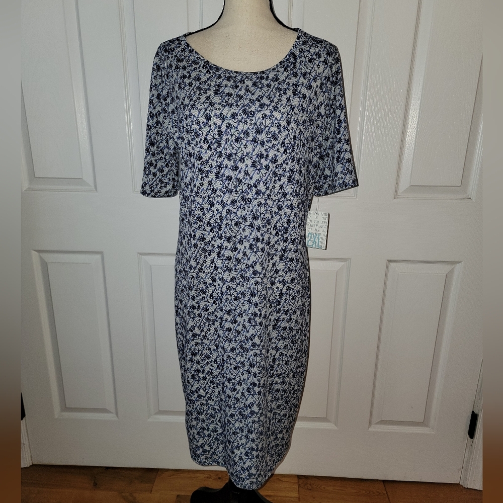 Blue White Floral Midi Dress Stretch Casual Work Everyday Comfort NWT